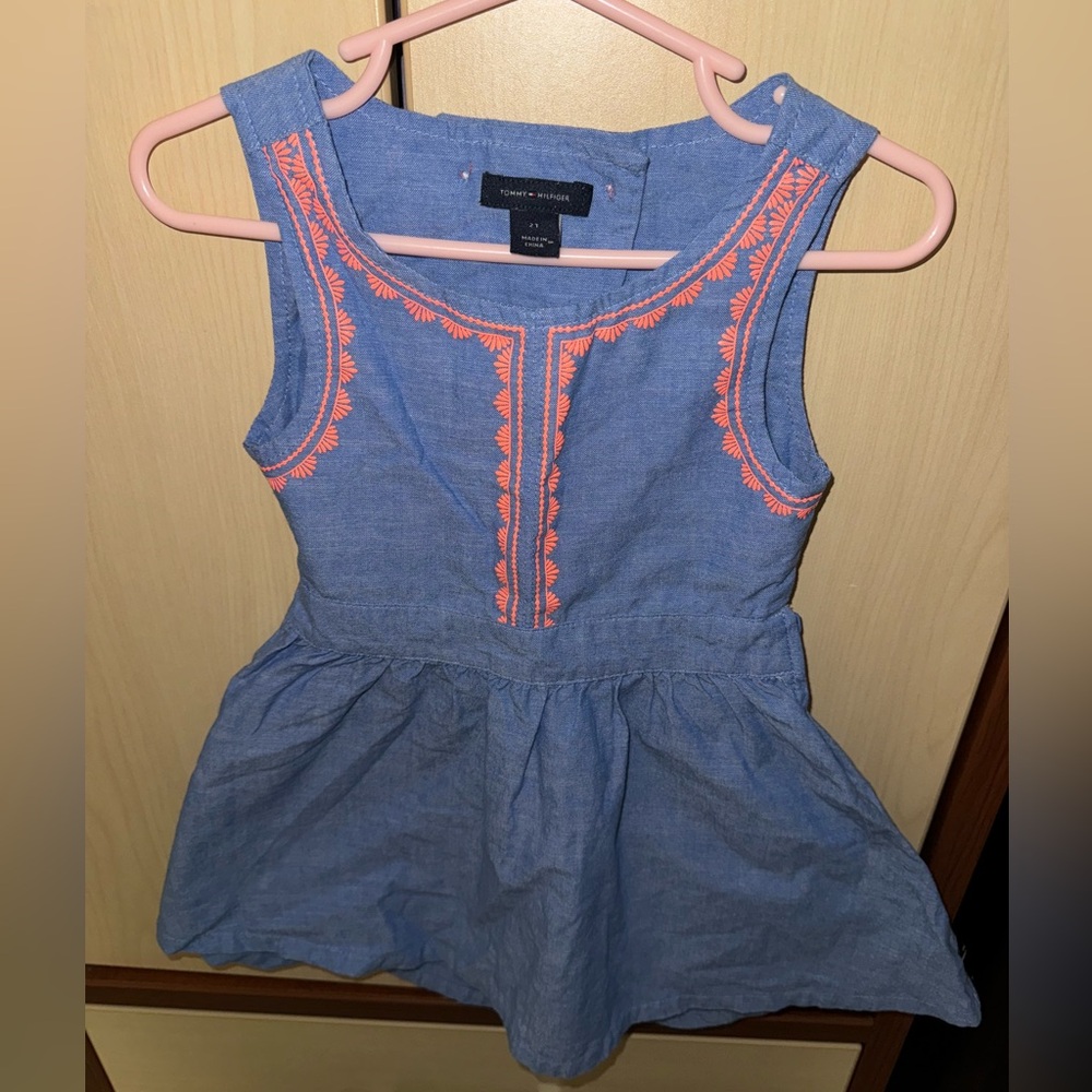 Tommy Hilfiger Girls Chambray Embroidered Dress Size 2T Blue Orange